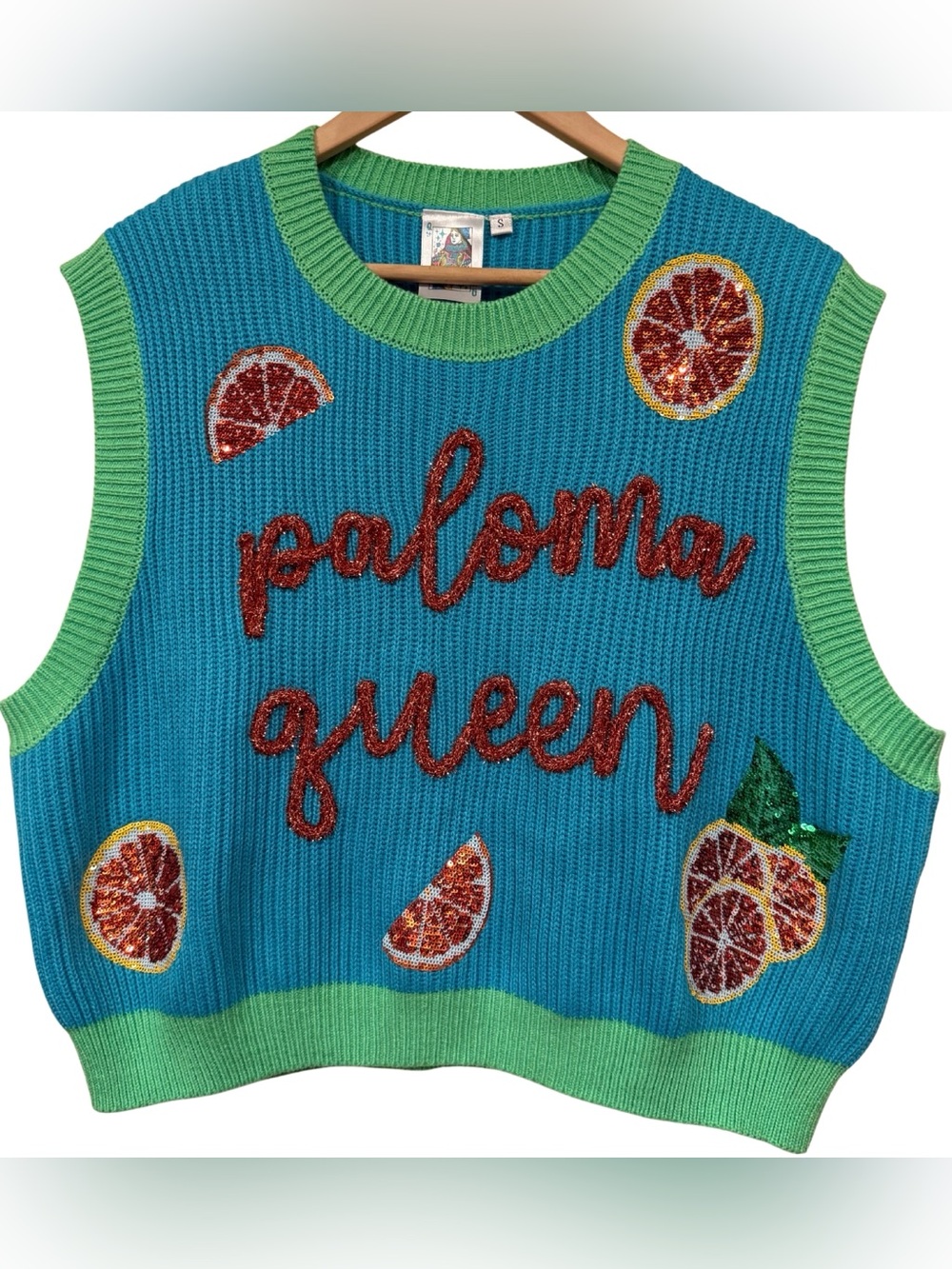Queen of Sparkles Paloma Cocktail Novelty Sweater Vest S Sequin Statement Piece
